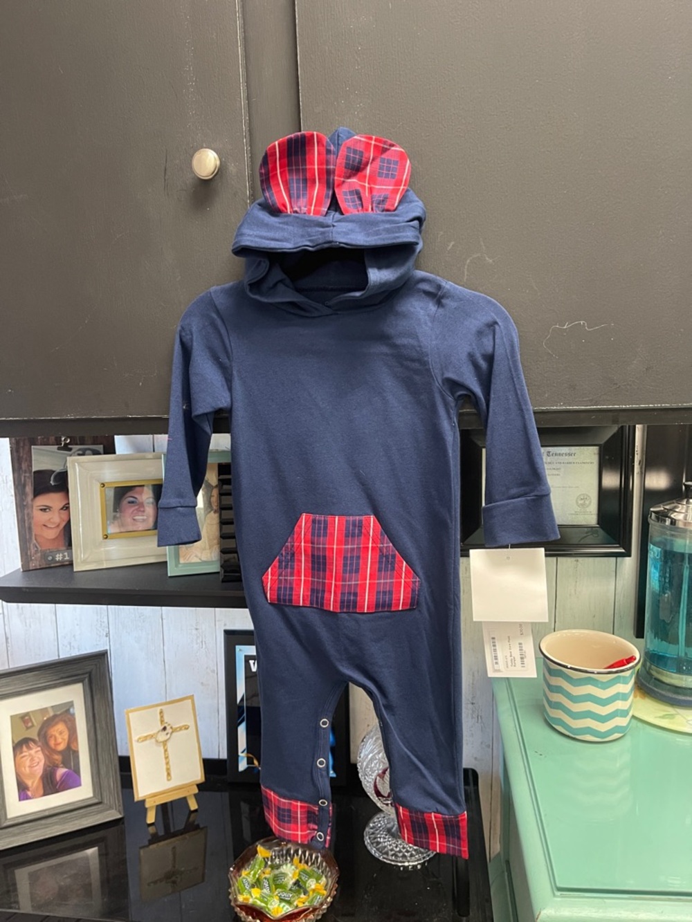 Ann Loren Navy Baby One-Piece with Red Plaid Accents